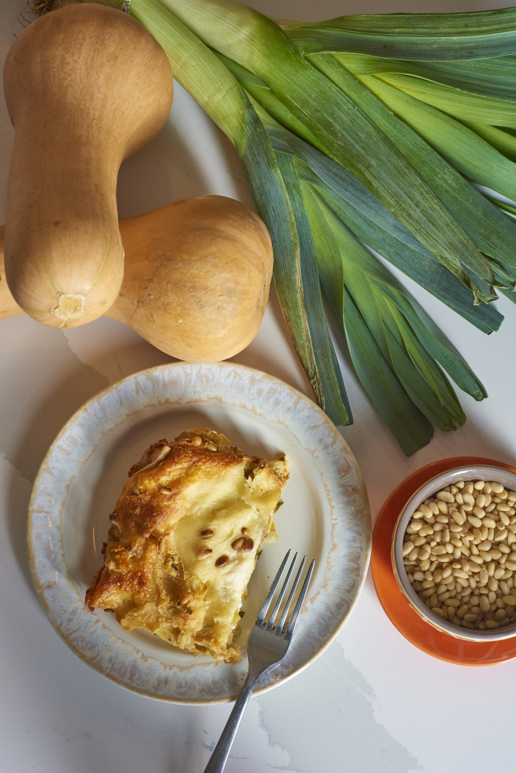 Butternut squash, leek and pine nut lasagna